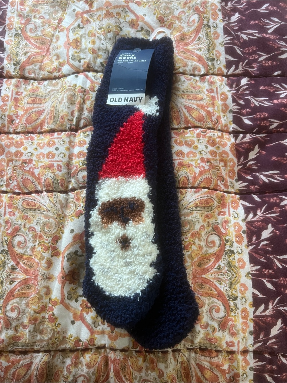Old Navy Navy Fuzzy Santa Socks with Red Hat
